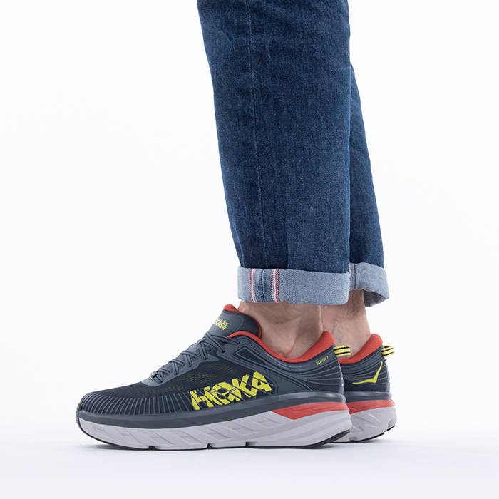 Hoka Bondi 7 - Men's Running Shoes - Grey/Yellow/Orange - UK 752BRSCKW